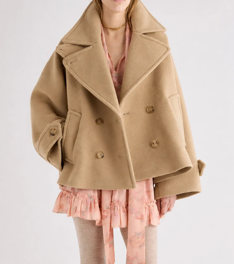 Damen Kurz geschnittener Oversize Peacoat aus Wollmix mit breitem Revers Nord Taschen