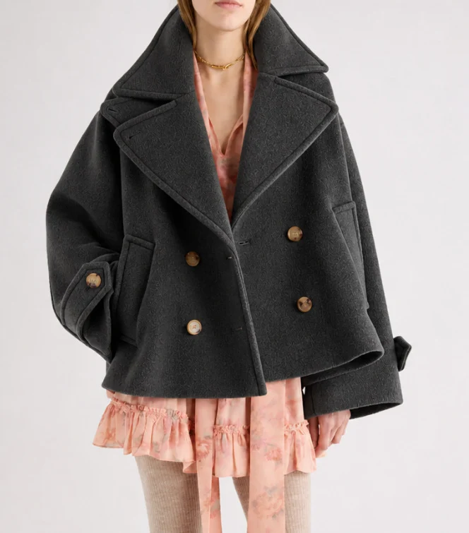 Damen Kurz geschnittener Oversize Peacoat aus Wollmix mit breitem Revers Nord Taschen