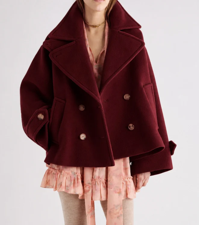 Damen Kurz geschnittener Oversize Peacoat aus Wollmix mit breitem Revers Nord Taschen