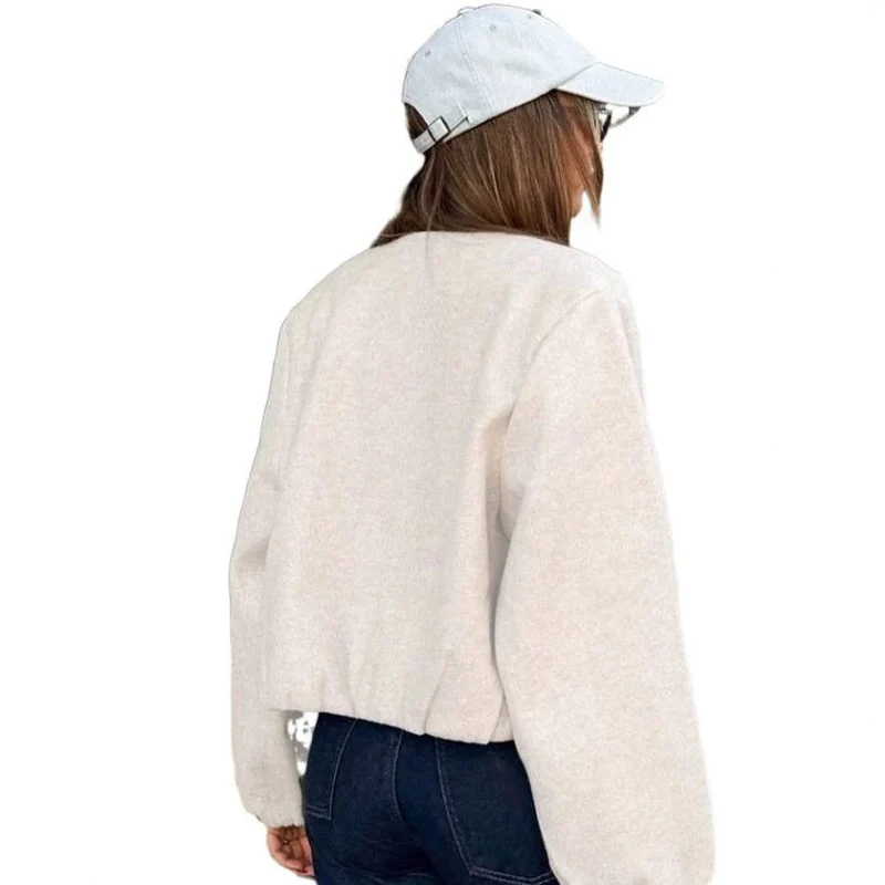 Damen Kurz geschnittene Oversize-Wollmix-Bomberjacke mit Ballonärmeln und Reißverschluss Nord Taschen