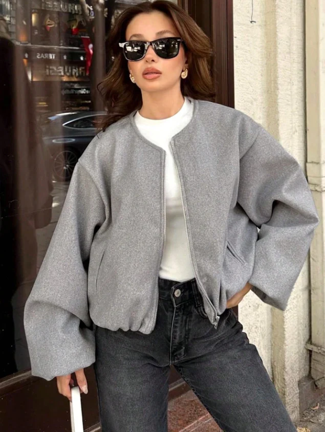 Damen Kurz geschnittene Oversize-Wollmix-Bomberjacke mit Ballonärmeln und Reißverschluss Nord Taschen