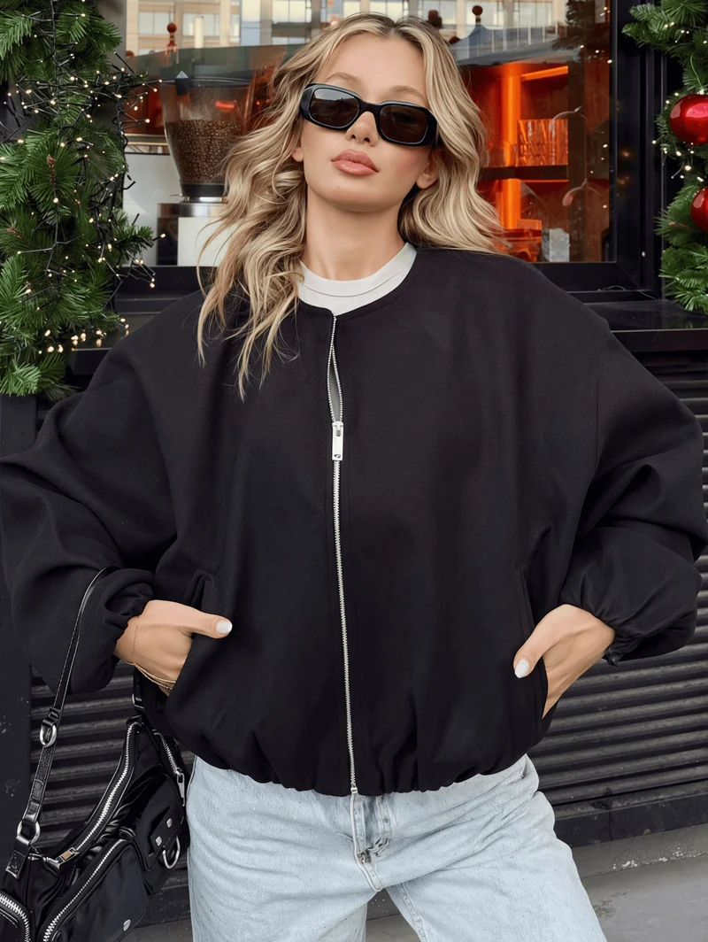 Damen Kurz geschnittene Oversize-Wollmix-Bomberjacke mit Ballonärmeln und Reißverschluss Nord Taschen