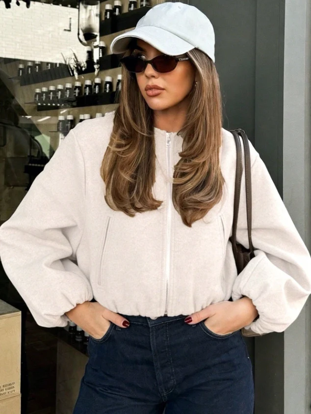 Damen Kurz geschnittene Oversize-Wollmix-Bomberjacke mit Ballonärmeln und Reißverschluss Nord Taschen