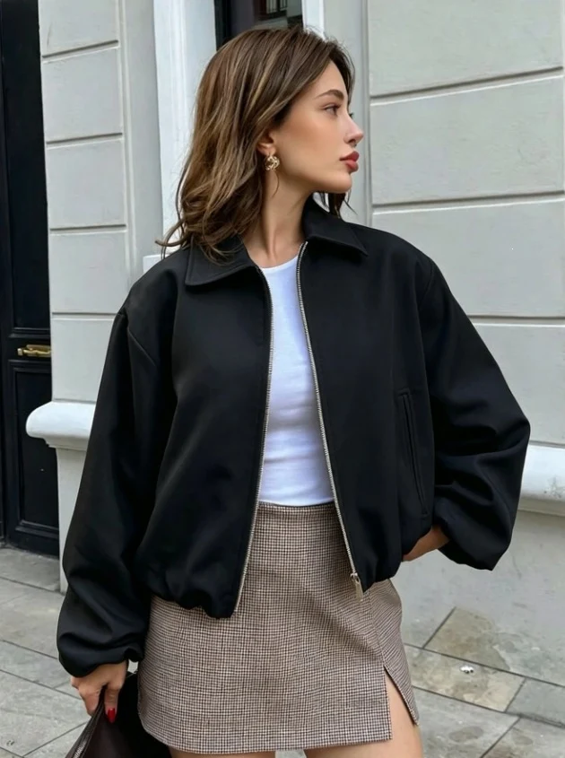 Damen Kurz geschnittene Oversize-Bomberjacke mit Reißverschluss und elastischem Saum Nord Taschen