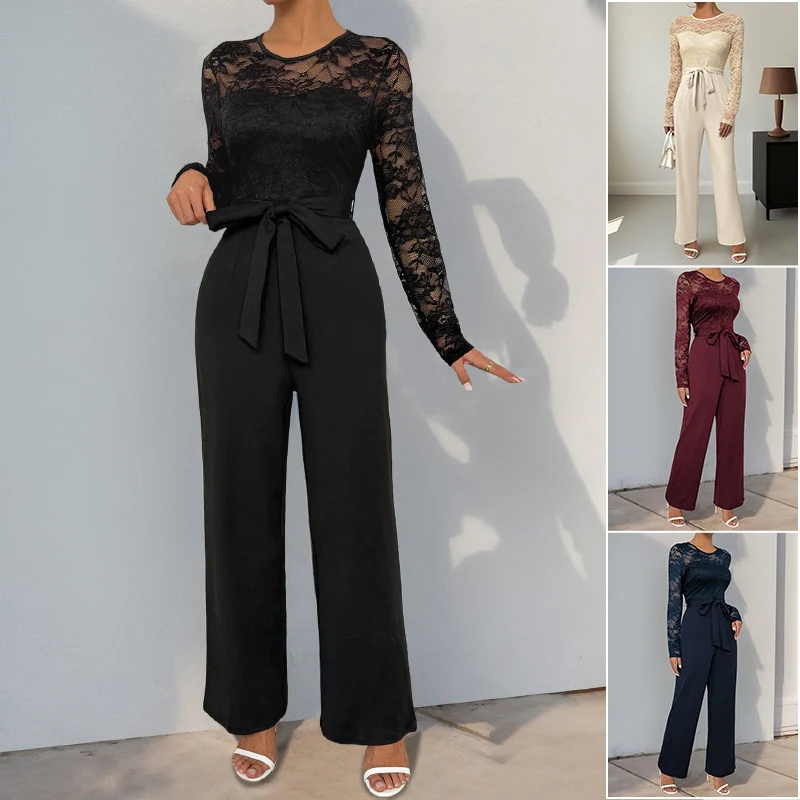 Damen Eleganter Jumpsuit mit transparentem Spitzentop, taillenbetonter Bindeschärpe & weitem Palazzo‑Bein Nord Taschen