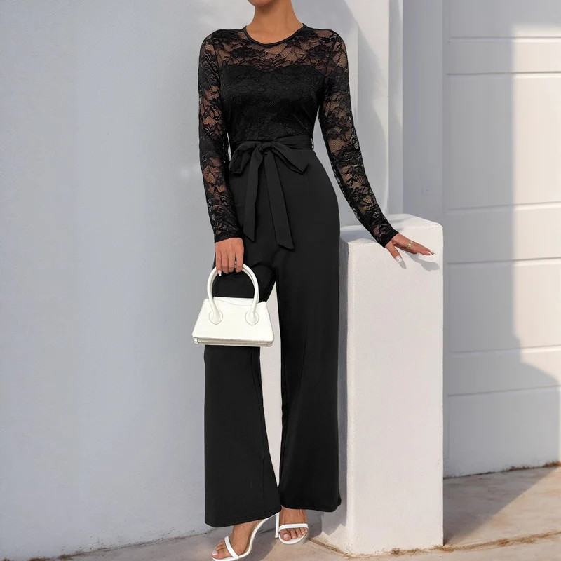 Damen Eleganter Jumpsuit mit transparentem Spitzentop, taillenbetonter Bindeschärpe & weitem Palazzo‑Bein Nord Taschen