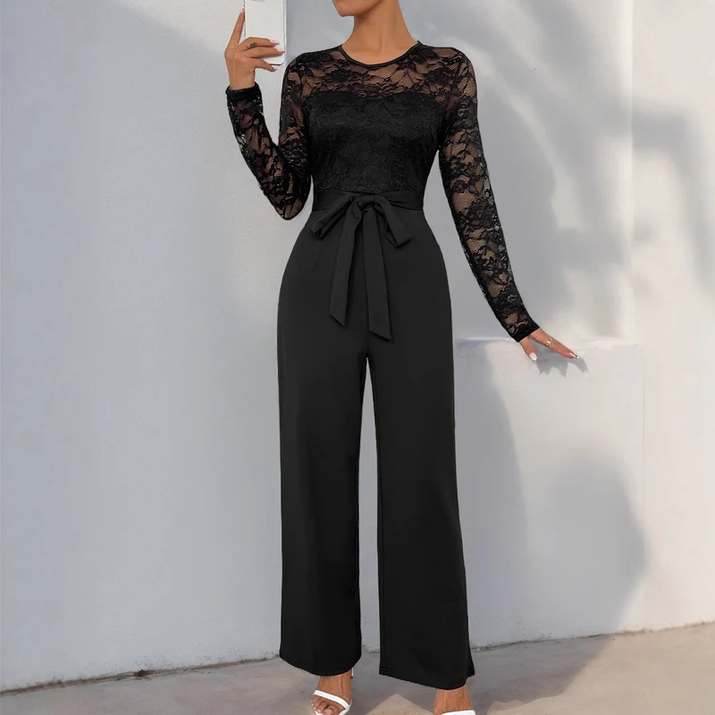 Damen Eleganter Jumpsuit mit transparentem Spitzentop, taillenbetonter Bindeschärpe & weitem Palazzo‑Bein Nord Taschen