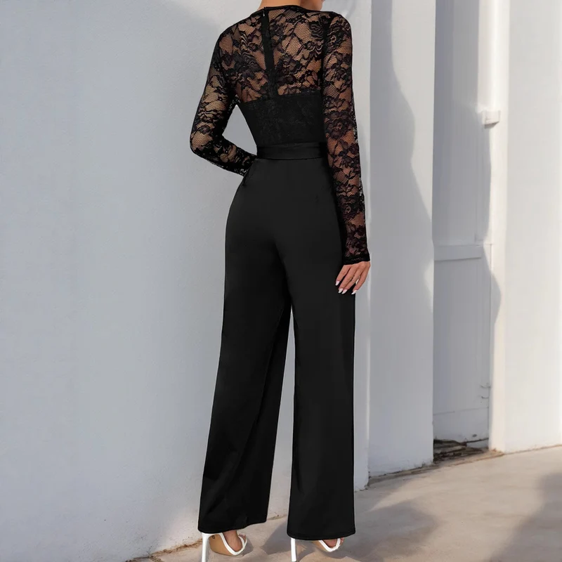 Damen Eleganter Jumpsuit mit transparentem Spitzentop, taillenbetonter Bindeschärpe & weitem Palazzo‑Bein Nord Taschen