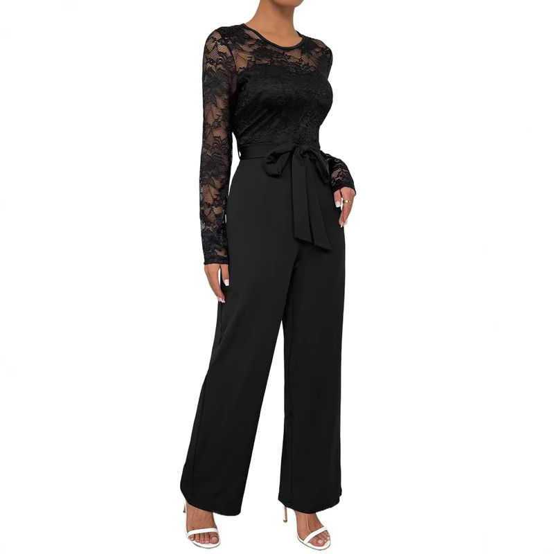 Damen Eleganter Jumpsuit mit transparentem Spitzentop, taillenbetonter Bindeschärpe & weitem Palazzo‑Bein Nord Taschen