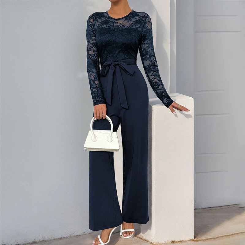 Damen Eleganter Jumpsuit mit transparentem Spitzentop, taillenbetonter Bindeschärpe & weitem Palazzo‑Bein Nord Taschen