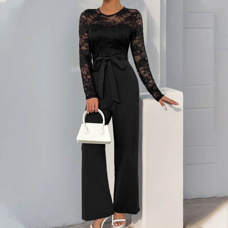 Damen Eleganter Jumpsuit mit transparentem Spitzentop, taillenbetonter Bindeschärpe & weitem Palazzo‑Bein Nord Taschen