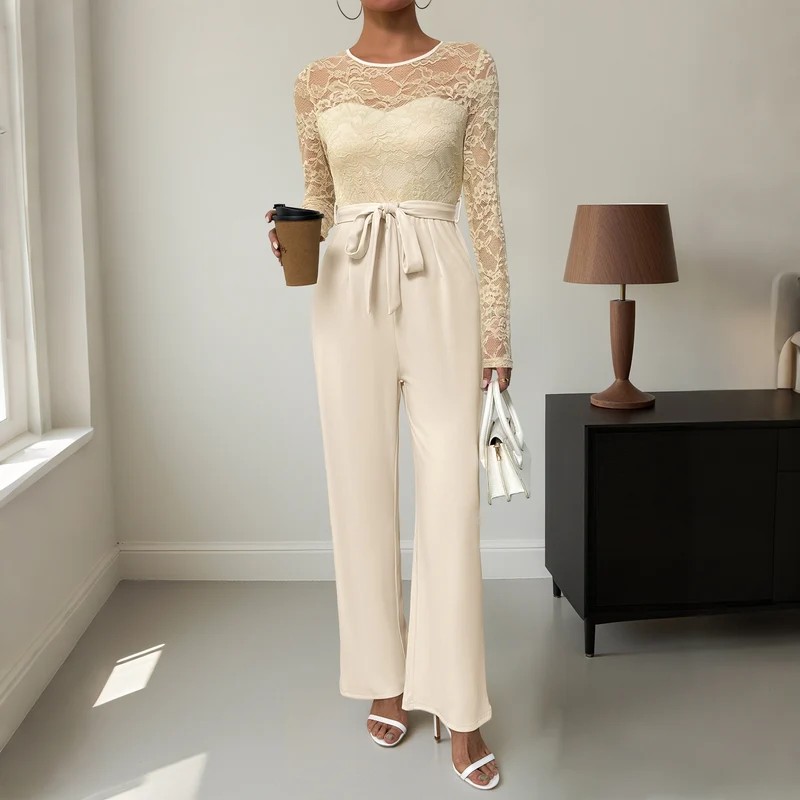 Damen Eleganter Jumpsuit mit transparentem Spitzentop, taillenbetonter Bindeschärpe & weitem Palazzo‑Bein Nord Taschen