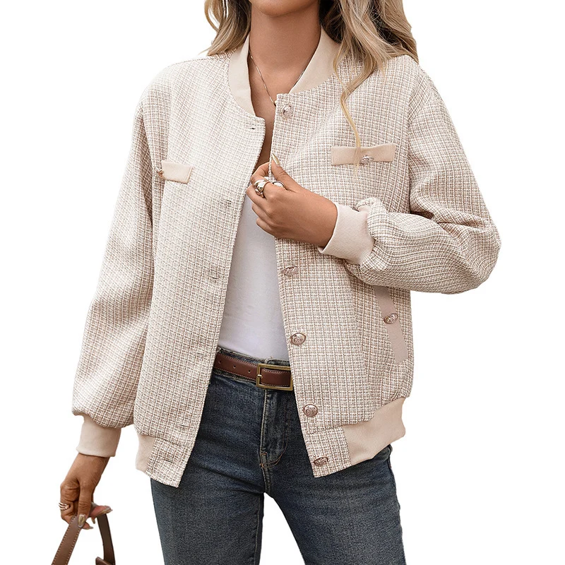 Damen Elegante Tweed-Bomberjacke mit Rippbündchen und Zierknöpfen Nord Taschen