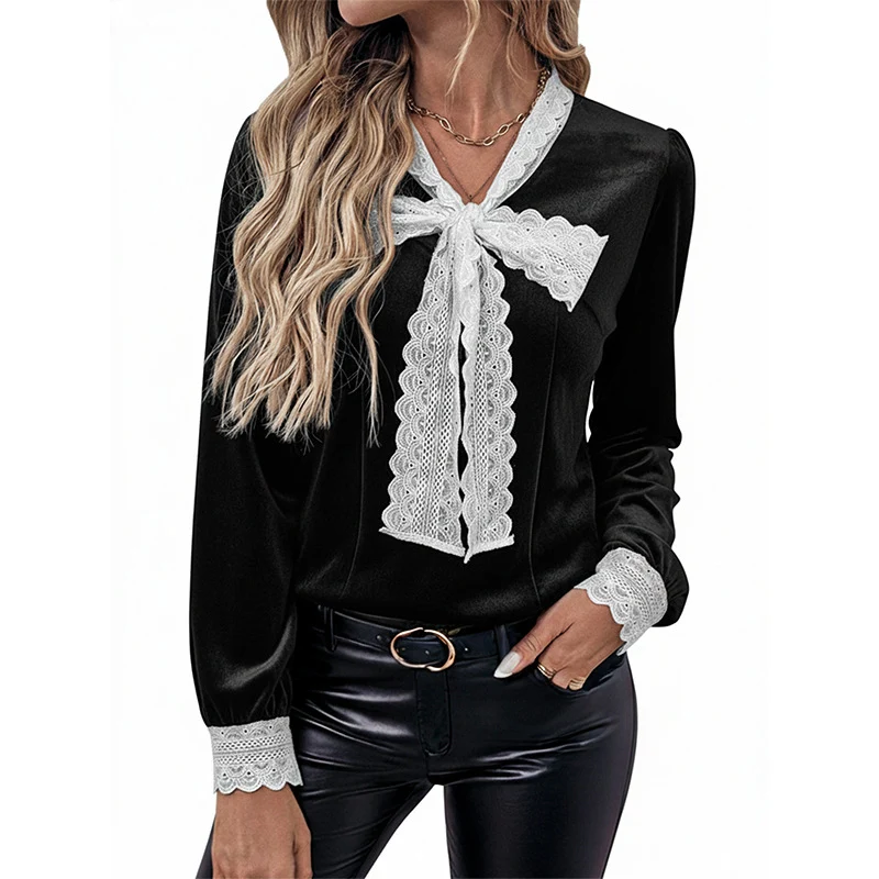 Damen Elegante Samtbluse mit Spitzen-Schleifenkragen, Spitzensaum & taillierter Silhouette Nord Taschen
