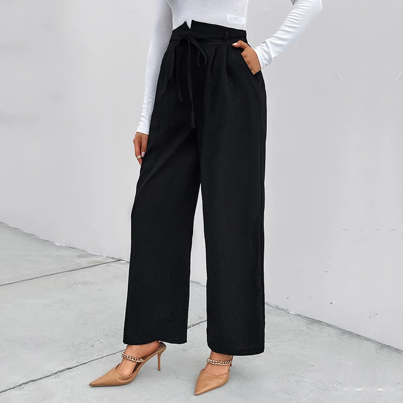 Damen Elegante Paperbag-Hose mit weitem Bein, hoher Leibhöhe und Bindegürtel Nord Taschen
