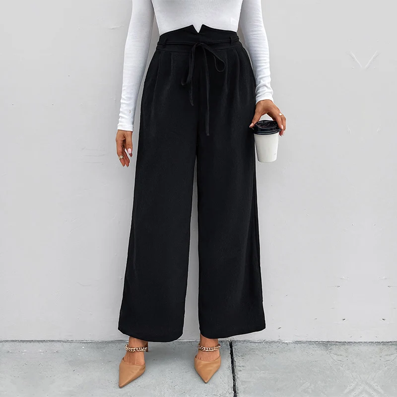 Damen Elegante Paperbag-Hose mit weitem Bein, hoher Leibhöhe und Bindegürtel Nord Taschen