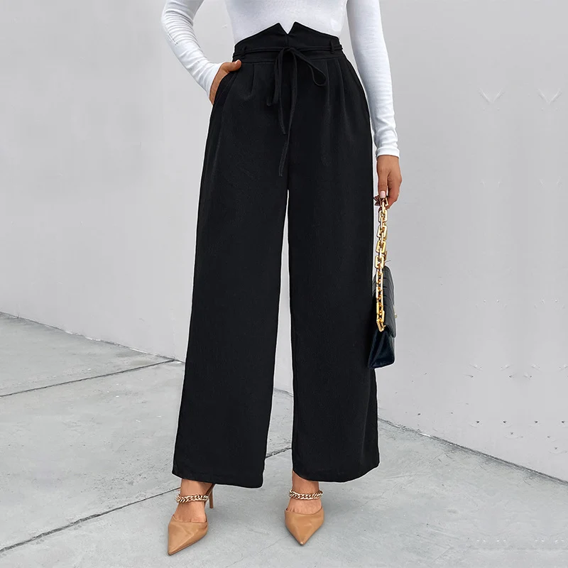Damen Elegante Paperbag-Hose mit weitem Bein, hoher Leibhöhe und Bindegürtel Nord Taschen