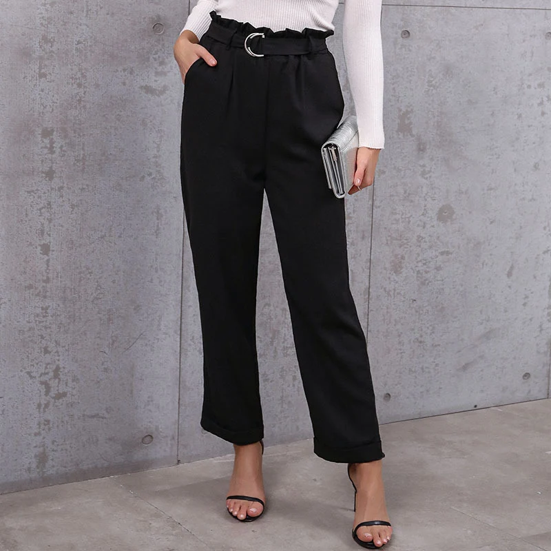 Damen Elegante hochtaillierte Paperbag-Hose mit Bindegürtel und geradem Bein Nord Taschen