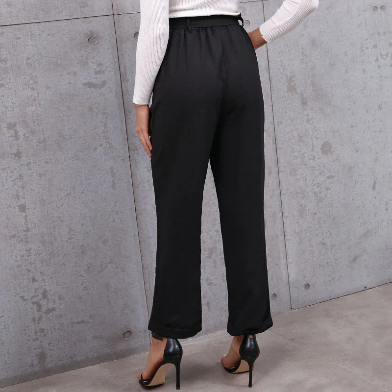 Damen Elegante hochtaillierte Paperbag-Hose mit Bindegürtel und geradem Bein Nord Taschen
