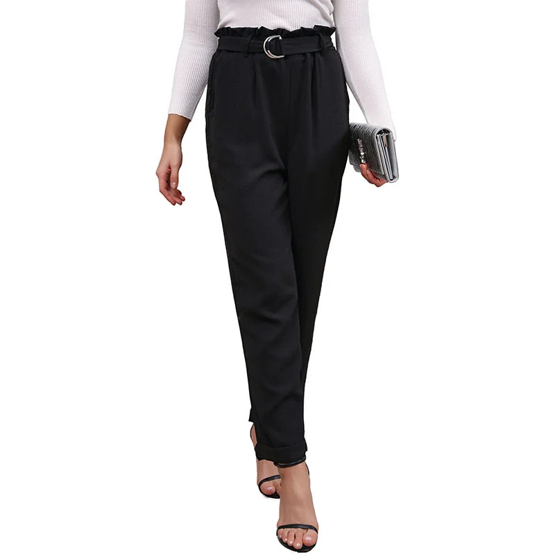 Damen Elegante hochtaillierte Paperbag-Hose mit Bindegürtel und geradem Bein Nord Taschen