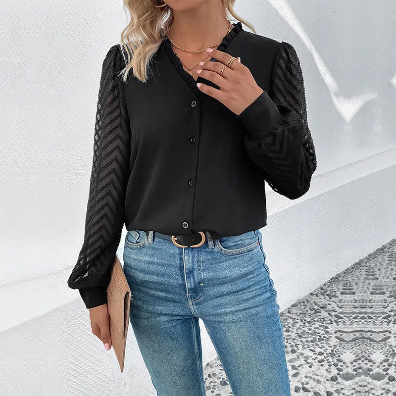 Damen Elegante Chiffonbluse mit transparenten Strukturärmeln, V-Ausschnitt und Knopfleiste Nord Taschen