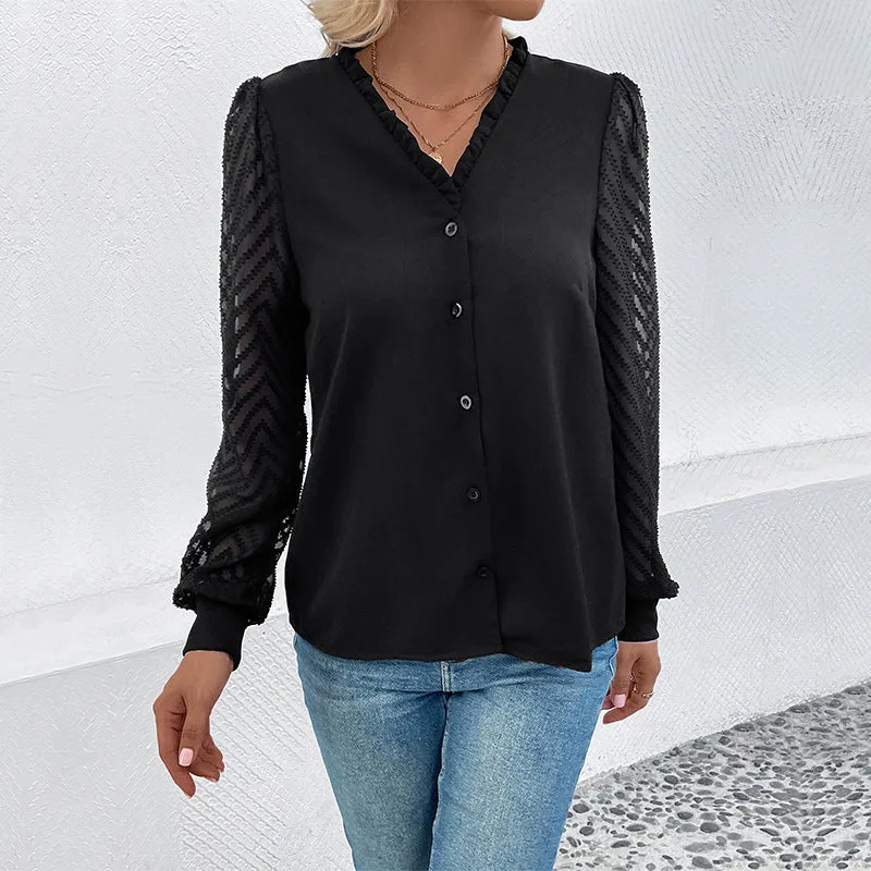 Damen Elegante Chiffonbluse mit transparenten Strukturärmeln, V-Ausschnitt und Knopfleiste Nord Taschen