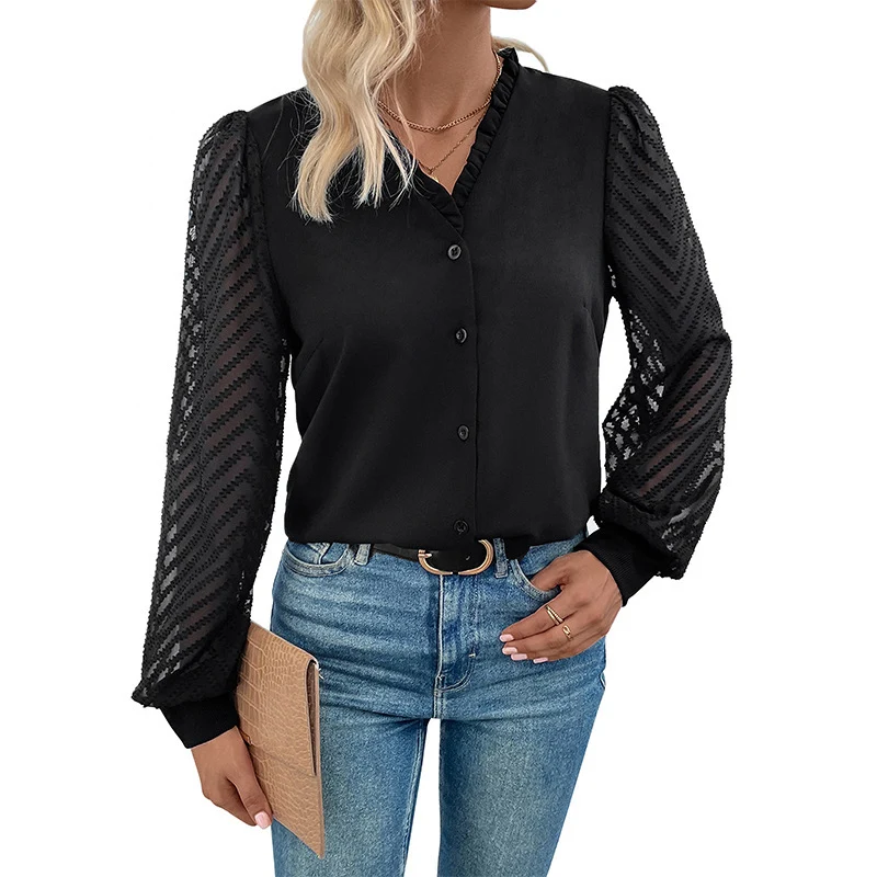 Damen Elegante Chiffonbluse mit transparenten Strukturärmeln, V-Ausschnitt und Knopfleiste Nord Taschen