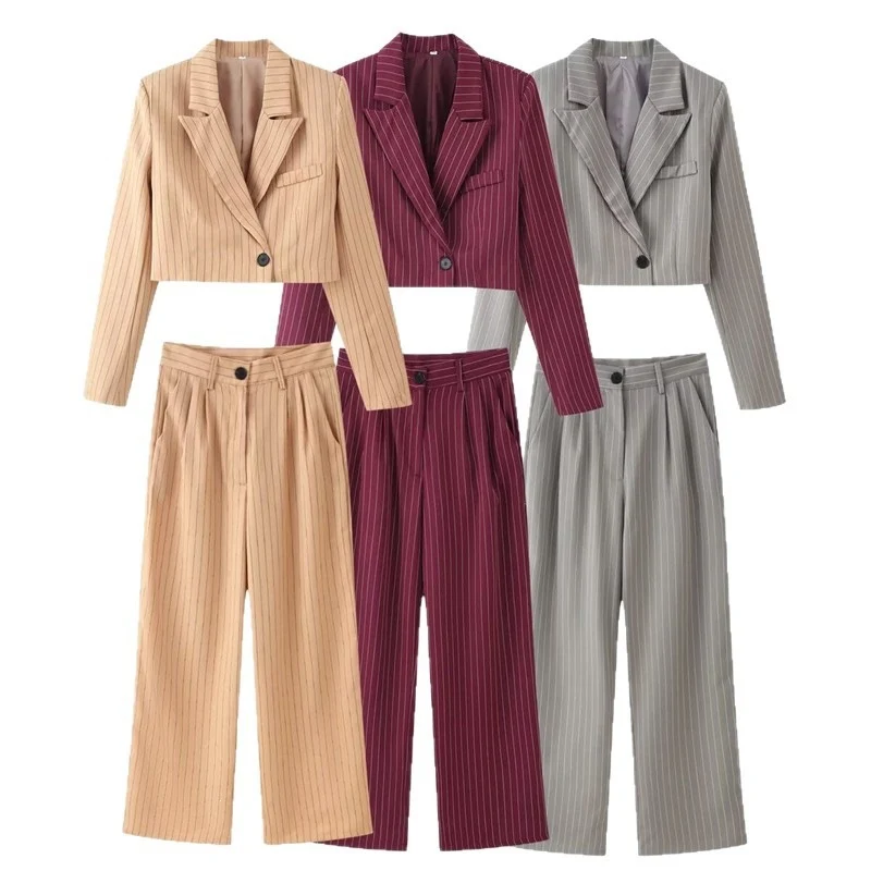 Damen zweiteiliges Nadelstreifen-Cropped-Blazer und High-Waist-Weitbein-Hosen-Set Nord Taschen