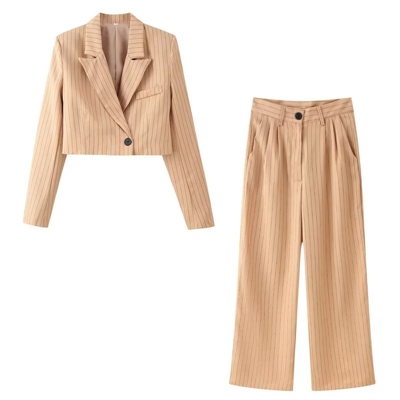 Damen zweiteiliges Nadelstreifen-Cropped-Blazer und High-Waist-Weitbein-Hosen-Set Nord Taschen