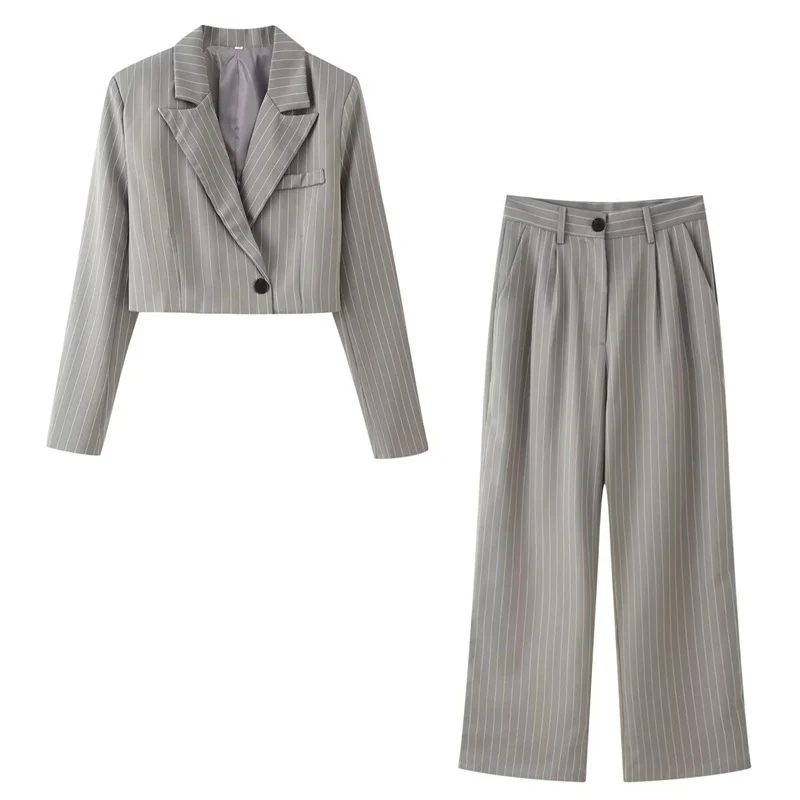 Damen zweiteiliges Nadelstreifen-Cropped-Blazer und High-Waist-Weitbein-Hosen-Set Nord Taschen