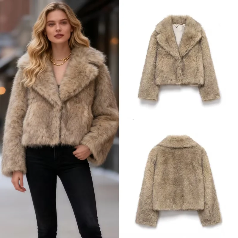 Damen Kurz geschnittener Faux-Fur-Mantel mit weitem Reverskragen Nord Taschen