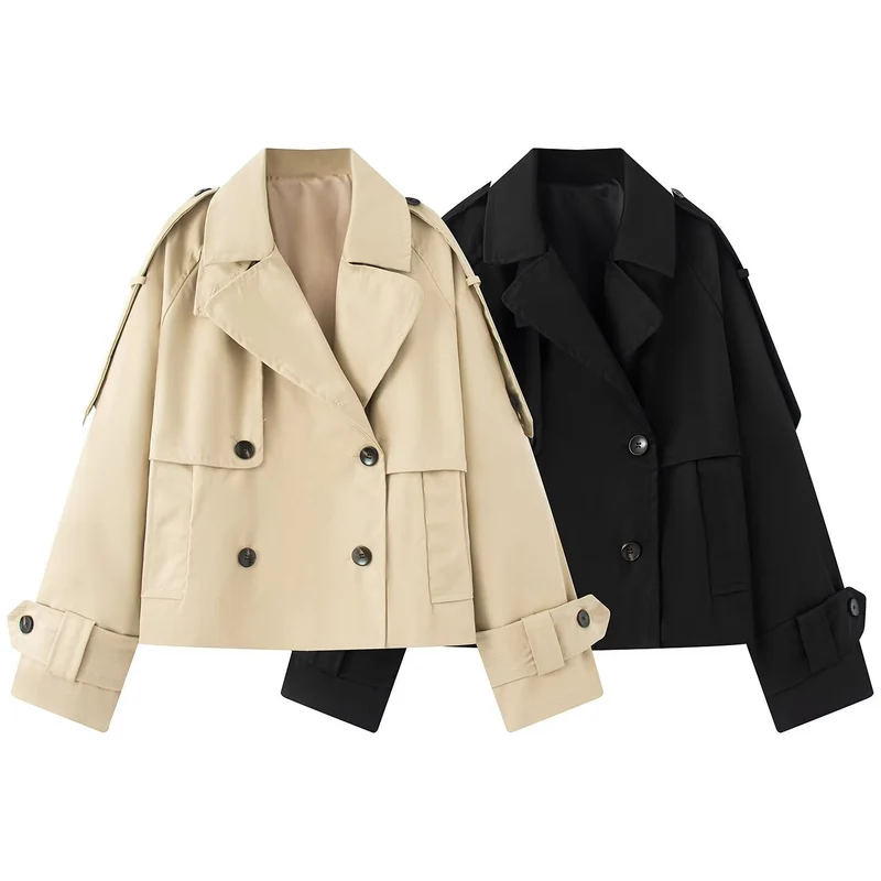 Damen Kurz geschnittener Cropped-Trenchcoat mit doppelreihiger Knopfleiste und Schulterklappen Nord Taschen
