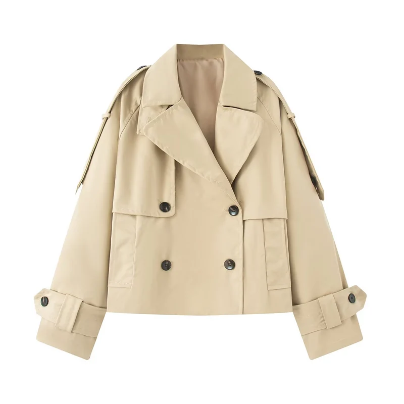 Damen Kurz geschnittener Cropped-Trenchcoat mit doppelreihiger Knopfleiste und Schulterklappen Nord Taschen