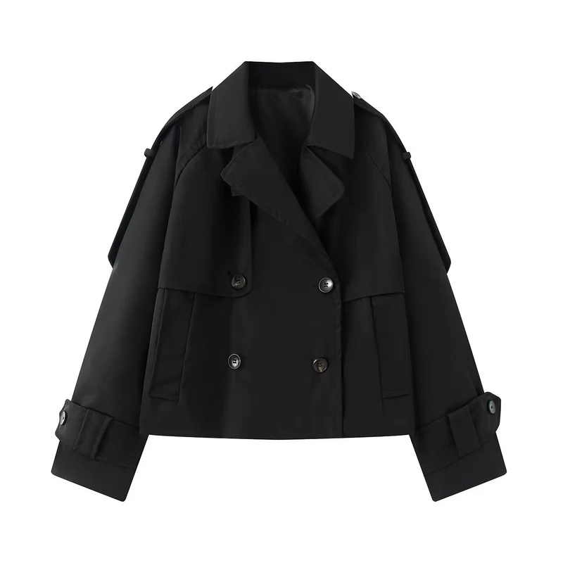 Damen Kurz geschnittener Cropped-Trenchcoat mit doppelreihiger Knopfleiste und Schulterklappen Nord Taschen