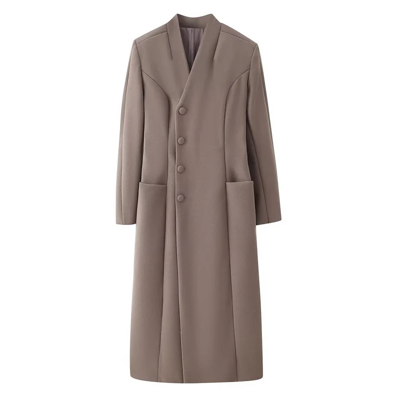 Damen Eleganter Wolloptik-Maximantel mit verdeckter Knopfleiste und aufgesetzten Taschen Nord Taschen