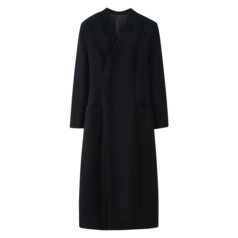 Damen Eleganter Wolloptik-Maximantel mit verdeckter Knopfleiste und aufgesetzten Taschen Nord Taschen