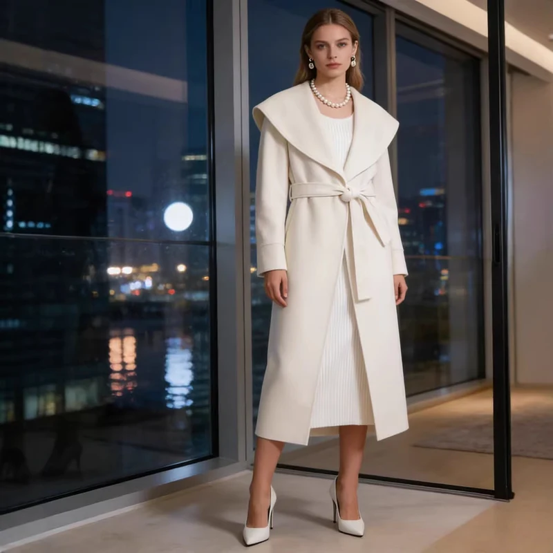 Damen Eleganter Mantel mit übergroßem Schalkragen und Bindegürtel Nord Taschen