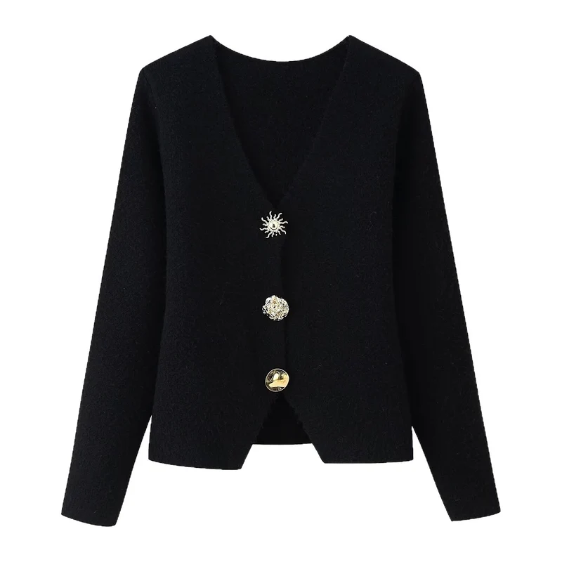 Damen Eleganter Kurzcardigan aus Bouclé‑Strick mit tiefem V‑Ausschnitt und dekorativer Schmuckknopfleiste Nord Taschen