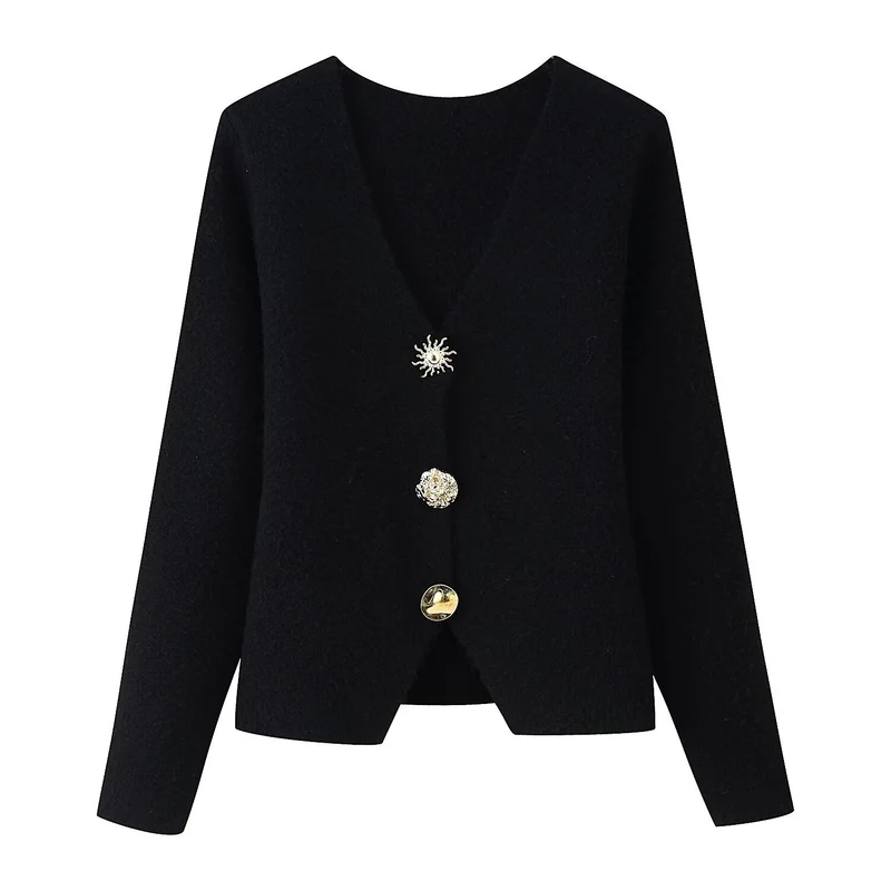 Damen Eleganter Kurzcardigan aus Bouclé‑Strick mit tiefem V‑Ausschnitt und dekorativer Schmuckknopfleiste Nord Taschen
