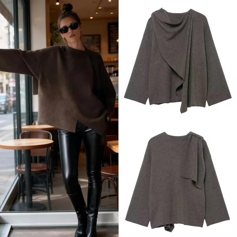 Damen Drapierter Oversize-Cardigan mit Kapuzenkragen und weitem Ärmel Nord Taschen