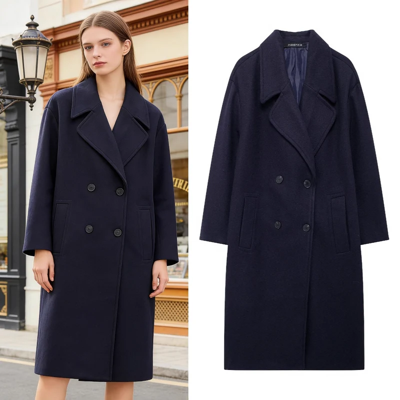 Damen Doppelreihiger Wollmix-Mantel mit Oversize-Schnitt und Reverskragen Nord Taschen