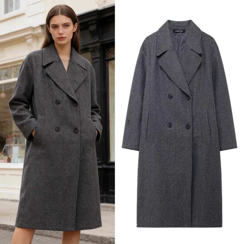 Damen Doppelreihiger Wollmix-Mantel mit Oversize-Schnitt und Reverskragen Nord Taschen