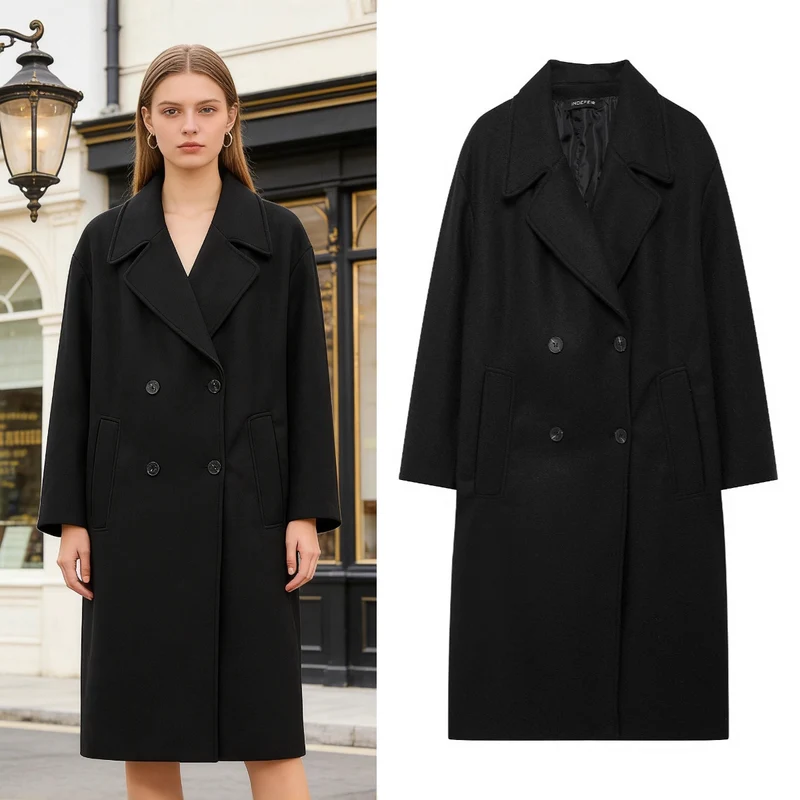 Damen Doppelreihiger Wollmix-Mantel mit Oversize-Schnitt und Reverskragen Nord Taschen