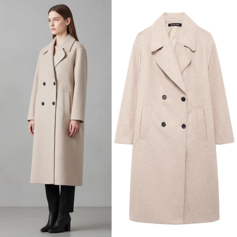 Damen Doppelreihiger Wollmix-Mantel mit Oversize-Schnitt und Reverskragen Nord Taschen