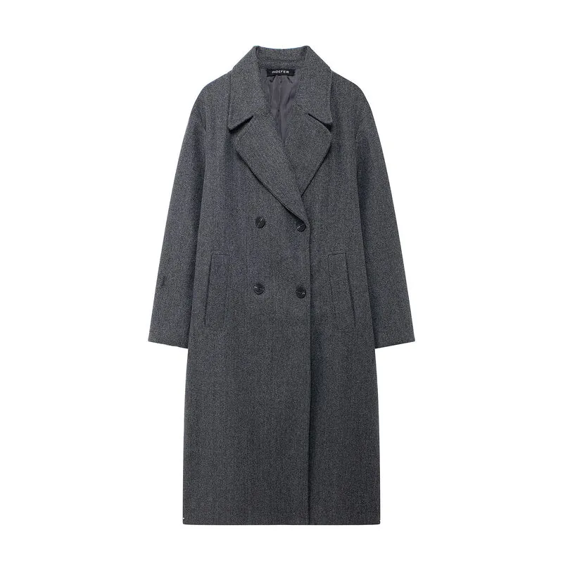 Damen Doppelreihiger Wollmix-Mantel mit Oversize-Schnitt und Reverskragen Nord Taschen