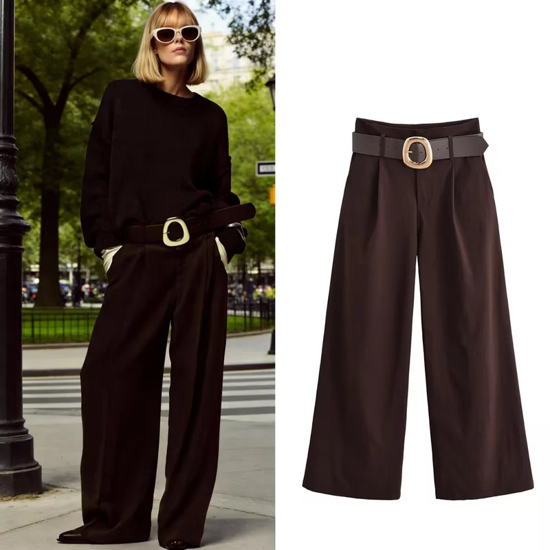 Damen Hochtaillierte Culotte-Palazzohose mit Bundfalten und breitem Ziergürtel Nord Taschen