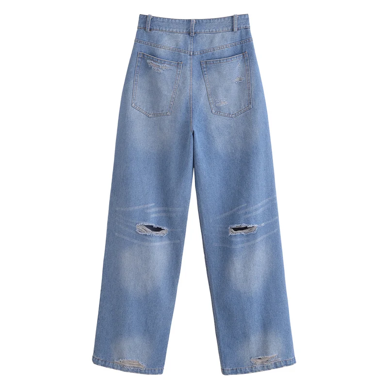 Damen High-Waist-Jeanshose mit weitem Bein, geradem Saum und dezenter Used‑Optik Nord Taschen