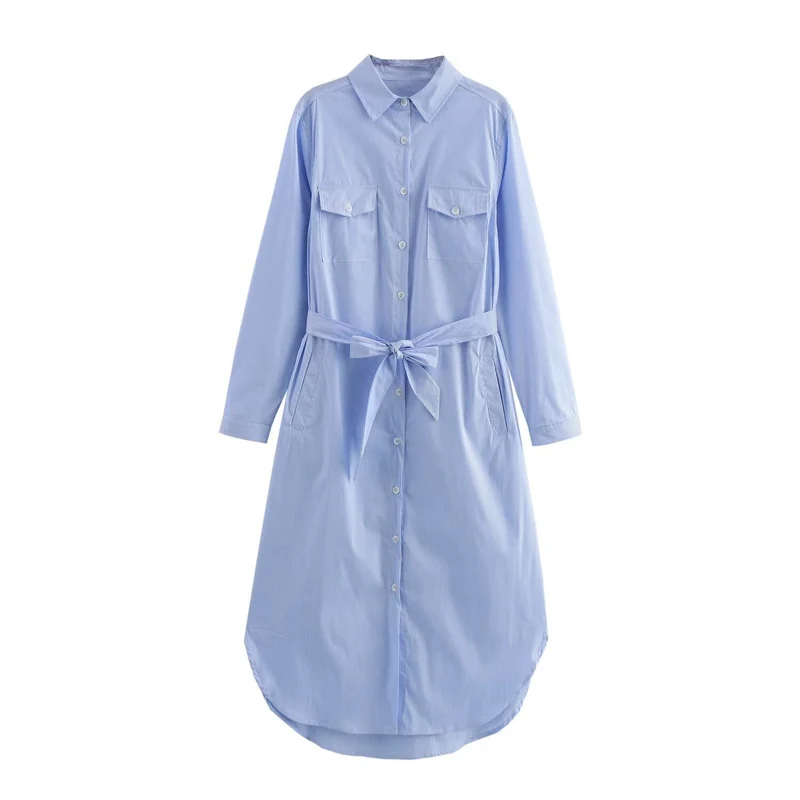 Damen Hemdblusenkleid mit Taillengürtel und Brusttaschen Nord Taschen