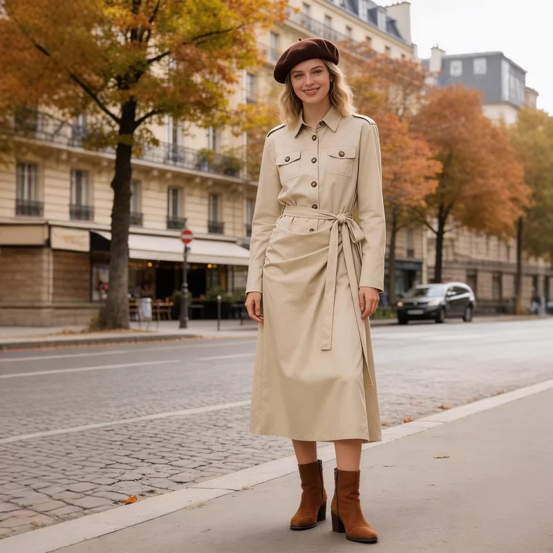 Damen Hemdblusenkleid mit Knotenbindegürtel, Pattentaschen und schmaler Taille Nord Taschen