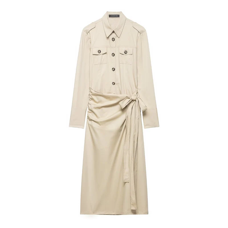 Damen Hemdblusenkleid mit Knotenbindegürtel, Pattentaschen und schmaler Taille Nord Taschen